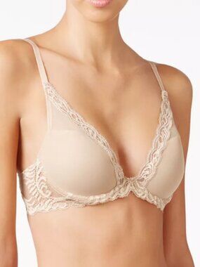 🌻EUC Natori Feathers Contour Plunge Bra Underwire Lace Womens Size 32D